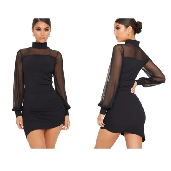 NWT PrettyLittleThing Mesh Panel Black Mini Dress Size 8 - Picture 1 of 4